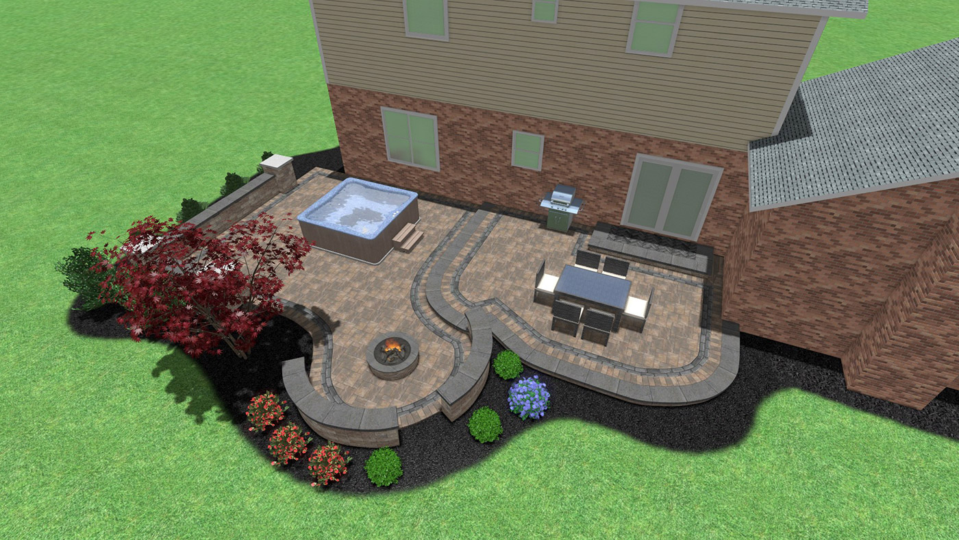 Aerial view of patio with hot tub and fire pit