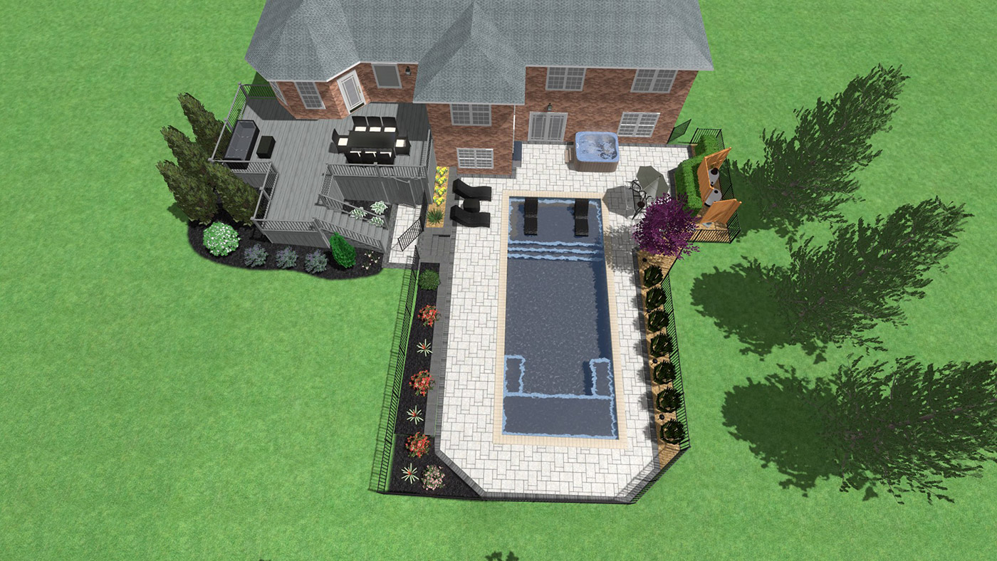 Aerial view of pool deck with hot tub