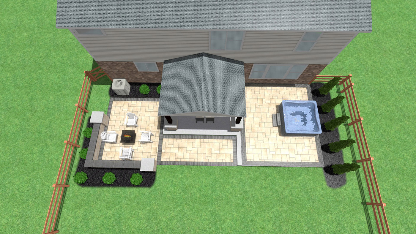 Aerial view of covered patio with fire pit and hot tub