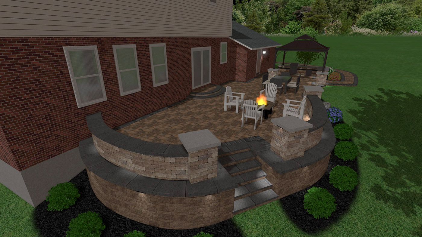 Curved patio with fire pit and gazebo at night