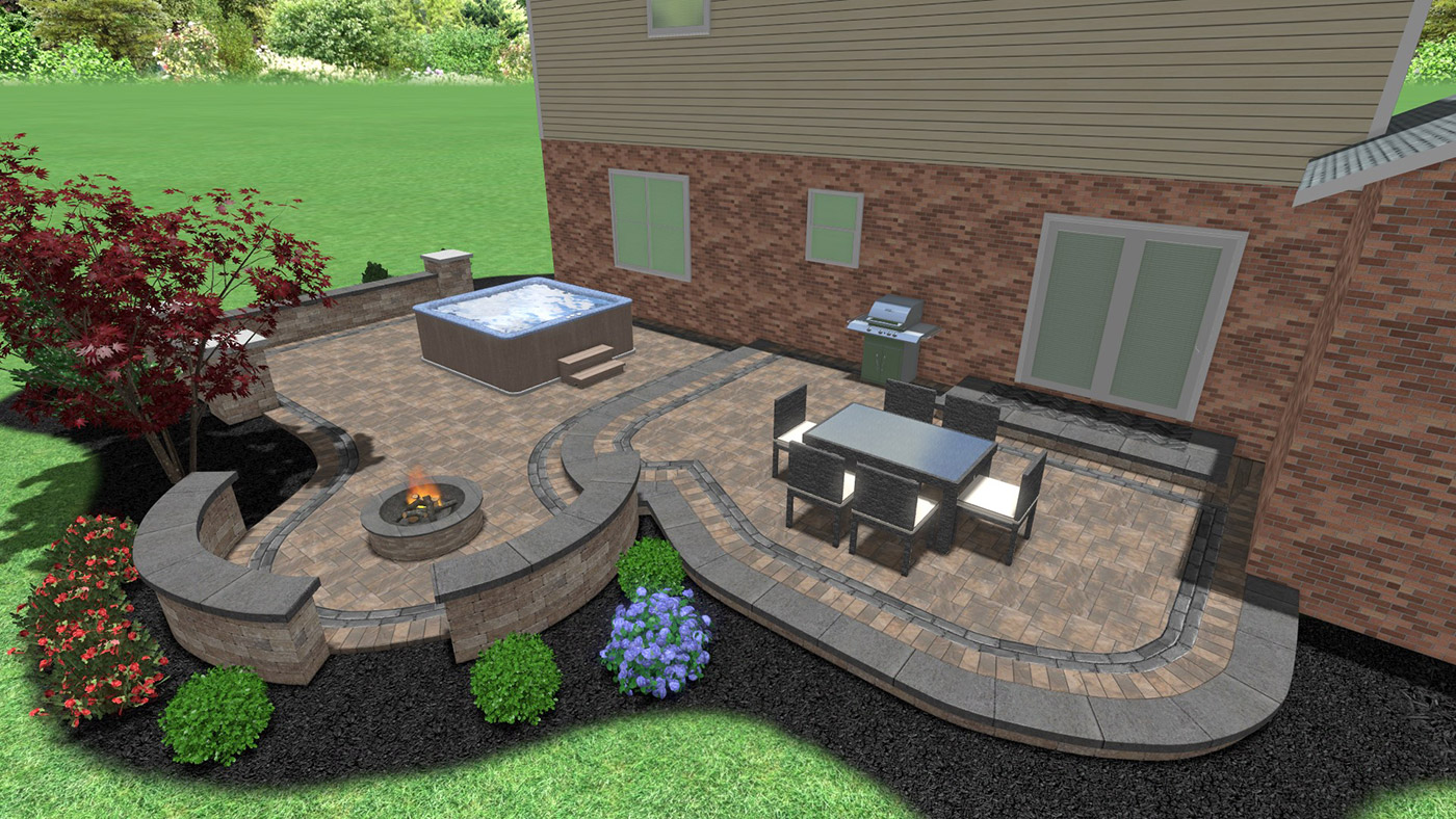 Curved patio with hot tub and fire pit in daytime