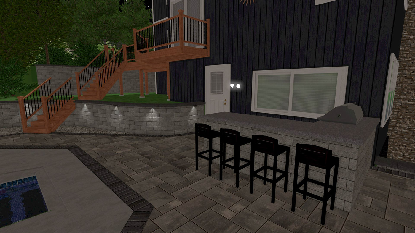 Outdoor kitchen and bar at night