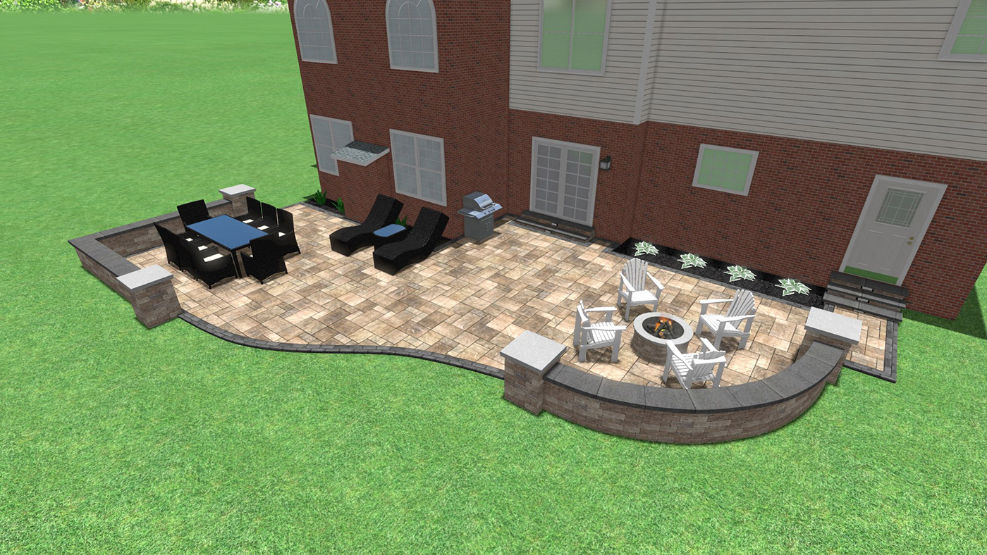 Patio with fire pit, dining and lounge areas
